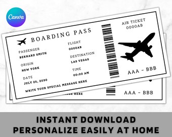 Boarding Pass Ticket Template - Printable Personalized Airline Ticket - Surprise Trip - Canva Boarding Pass - Digital Download - Gift Coupon