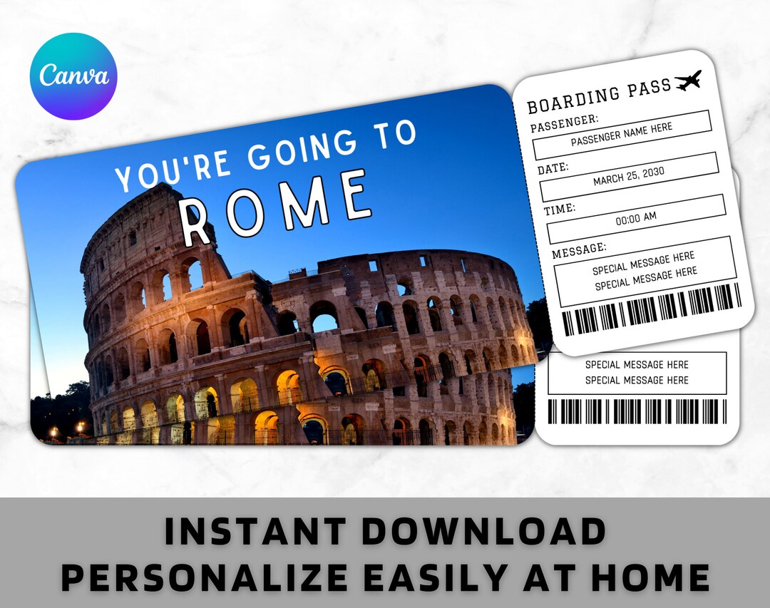 Rome Boarding Pass Ticket Template Printable Gift Airplane Airline