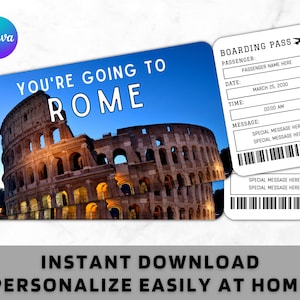 Modello biglietto carta d'imbarco Roma - Biglietto aereo regalo stampabile - Biglietto di viaggio a sorpresa a Roma per le vacanze