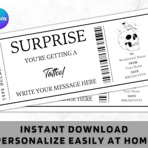 Surprise Tattoo Ticket Zertifikat Gutschein Kartenvorlage - Printable Geschenkidee für jede Gelegenheit - Bearbeitbarer Get Inked Tattoo Coupon