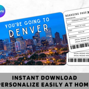 Modelo de bilhete de embarque para Denver - presente para impressão, passagem aérea de avião - viagem surpresa para Denver revelar passagem de férias