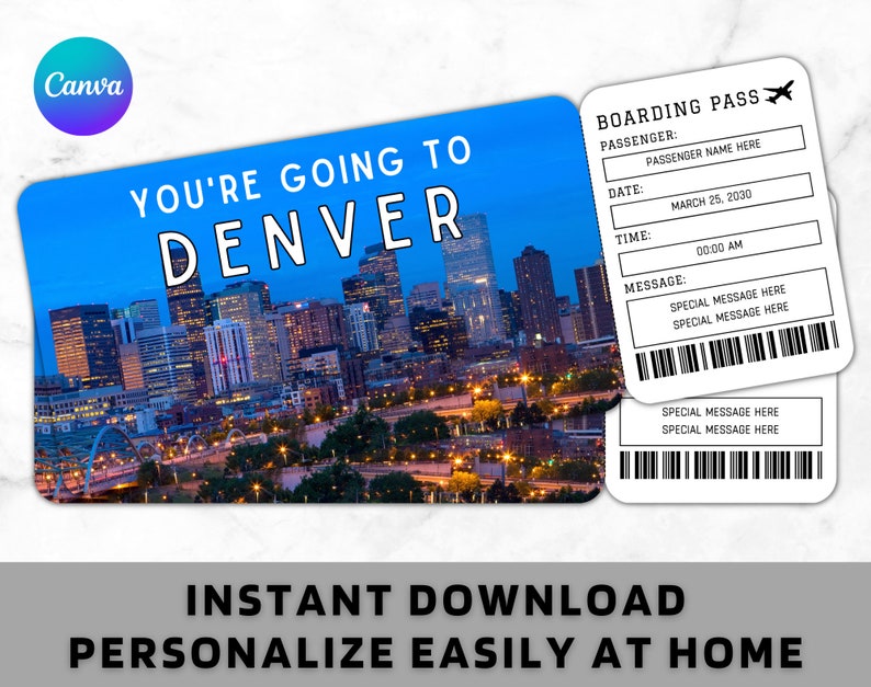 Denver Boarding Pass Ticket Template Printable Gift Airplane Airline