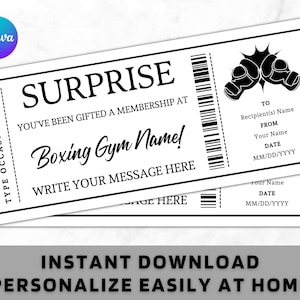 Surprise Boxing Membership Ticket Certificate Voucher Card Template - Printable Any Occasion Gift Idea - Editable Gym Pass Coupon