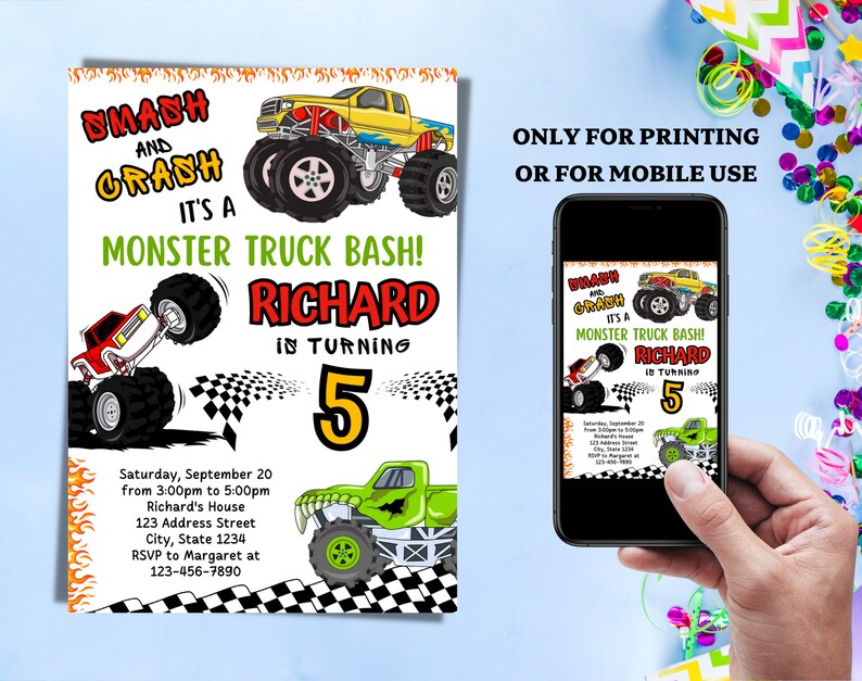 Monster Truck Birthday Party Invitation Template Monster - Etsy