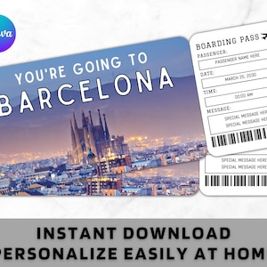Modèle de billet carte d'embarquement pour Barcelone - imprimable cadeau billet d'avion avion - billet surprise Barcelone voyage vacances