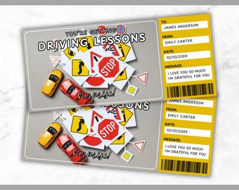 Driving Lessons Ticket Template - Learn to Drive Car Gift Voucher - Learner Driving Coupon Certificate Card - Editable - Printable