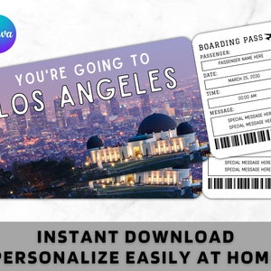 Los Angeles Boarding Pass Ticket Template - Printable Gift Airplane Airline Flight Ticket, Surprise Los Angeles Trip Vacation Holiday Ticket