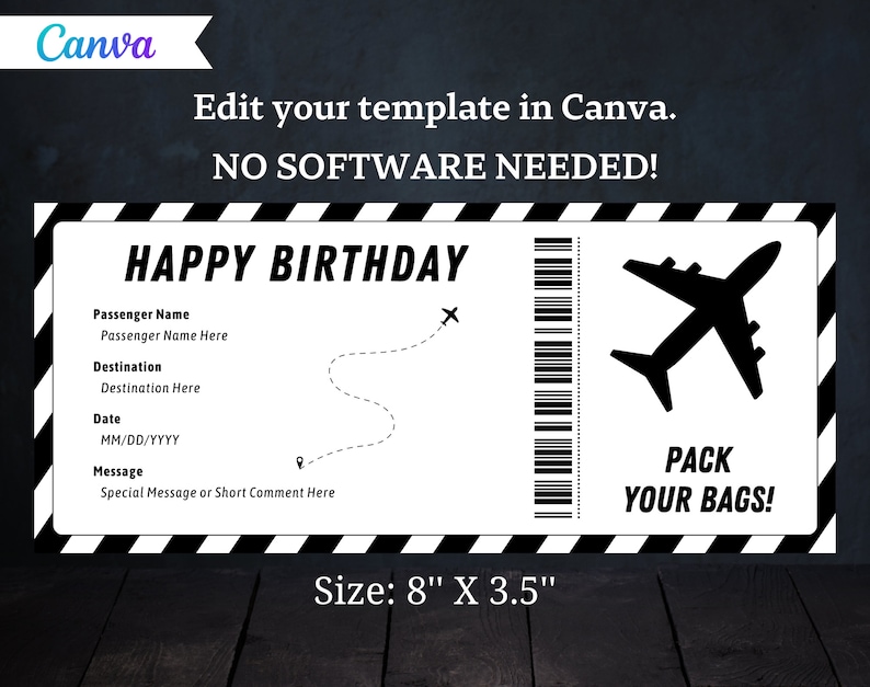 Modello di carta d'imbarco di compleanno Biglietto aereo per viaggio a sorpresa regalo di compleanno Coupon carta voucher biglietto aereo falso Download istantaneo immagine 2