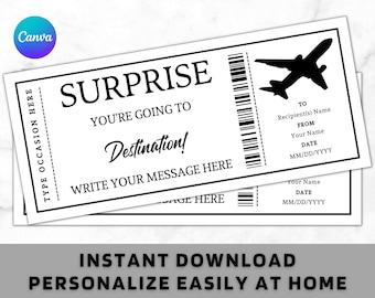 Surprise Boarding Pass Ticket Certificate Voucher Card Template - Printable Any Occasion Gift Idea - Editable Fake Plane Flight Coupon