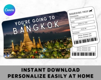 Modello di biglietto della carta d'imbarco di Bangkok - Biglietto aereo aereo regalo stampabile - Biglietto per le vacanze a sorpresa per il viaggio a Bangkok