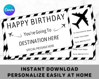 Tarjeta de embarque de cumpleaños imprimible - Viaje en avión sorpresa Escapada Vacaciones Revelación Tarjeta de cupón falsa - Aerolínea de avión