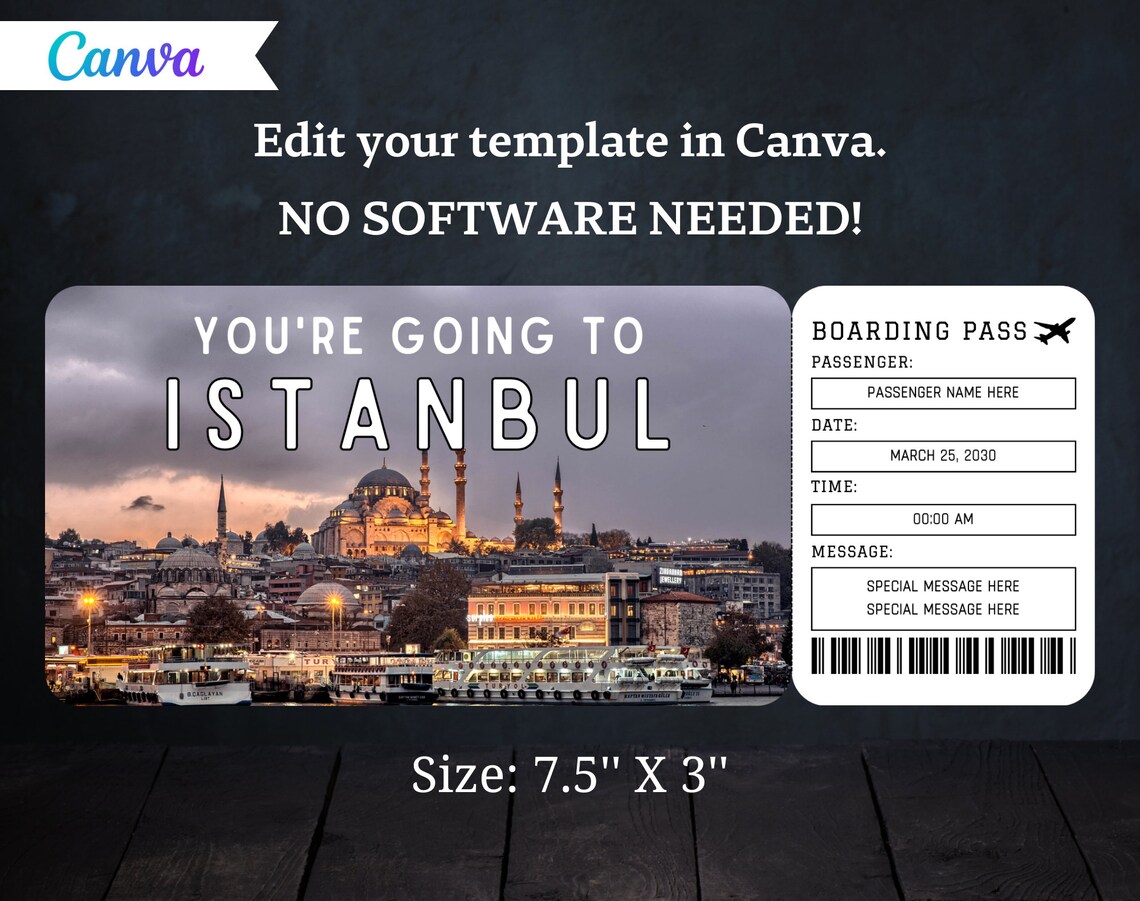 Istanbul Boarding Pass Ticket Template Printable Gift Airplane Airline Flight Ticket Surprise