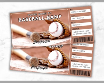 Baseball Camp Ticket Template - Baseball Camp Gift Voucher - Baseball Camp Coupon Certificate Card - Training Camp - Editable - Printable