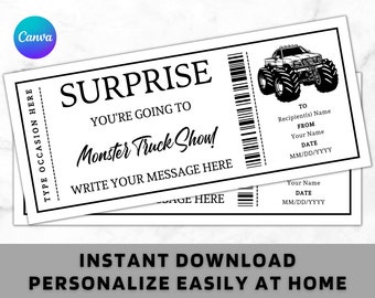 Surprise Monster Truck Show Ticket Certificate Voucher Card Template - Printable Any Occasion Gift Idea - Editable Monster Truck Coupon