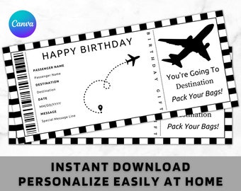 Modèle de carte d'embarquement d'anniversaire - Faux billet de vol d'avion d'avion de compagnie aérienne - Coupon de cadeau d'anniversaire surprise - Cadeau d'anniversaire imprimable