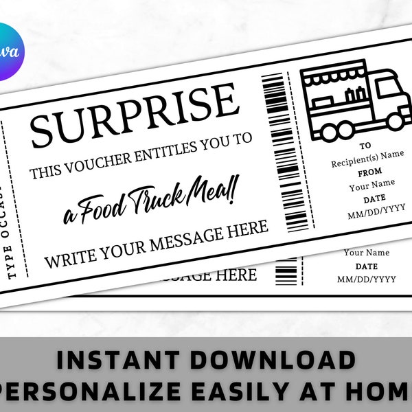 Surprise Food Truck Ticket Certificate Voucher Card Template - Printable Any Occasion Gift Idea - Editable Dinner, Night Out, Dining Coupon