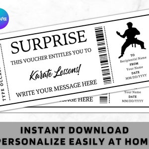 Surprise Karate Lessons Ticket Zertifikat Gutschein Kartenvorlage - Printable Geschenkidee für jede Gelegenheit - Karate-Lektionen Trainings-Coupon
