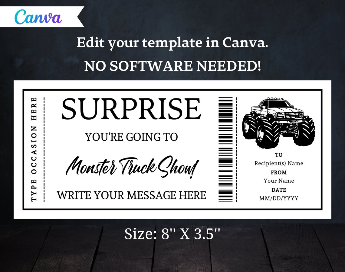Surprise Monster Truck Show Ticket Certificate Voucher Card Template