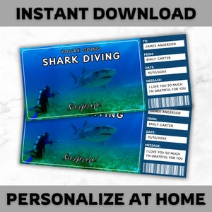 Shark Diving Ticket Template - Dive With Sharks Gift Voucher Template - Shark Cage Diving Coupon Certificate Card - Editable - Printable