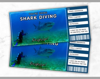 Shark Diving Ticket Template - Dive With Sharks Gift Voucher Template - Shark Cage Diving Coupon Certificate Card - Editable - Printable