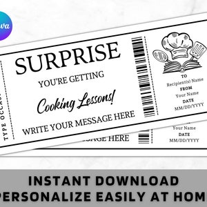 Plantilla de tarjeta de cupón con certificado de lecciones de cocina sorpresa: idea de regalo imprimible para cualquier ocasión: cupón de lecciones de cocina editable