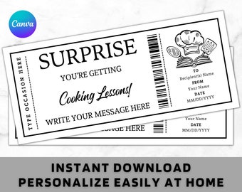 Plantilla de tarjeta de cupón con certificado de lecciones de cocina sorpresa: idea de regalo imprimible para cualquier ocasión: cupón de lecciones de cocina editable