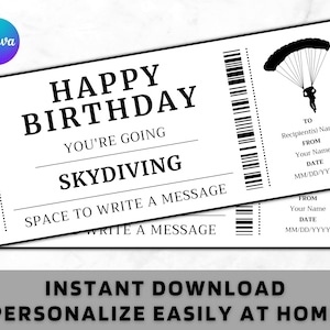 Birthday Skydiving Gift Ticket - Birthday Skydiving Gift Voucher Card Certificate - Printable Birthday Gift Template - Instant Download