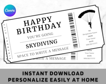 Birthday Skydiving Gift Ticket - Birthday Skydiving Gift Voucher Card Certificate - Printable Birthday Gift Template - Instant Download