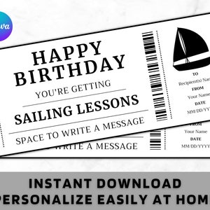 Birthday Sailing Lessons Gift Ticket - Birthday Sail Course Yacht Charter Gift Card Certificate - Printable Birthday Gift Template