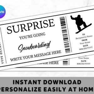 Modèle de carte-cadeau pour un certificat de billet de snowboard surprise - imprimable pour toutes les occasions, idée cadeau - coupon de ski modifiable sur un forfait de ski