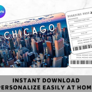 Modelo de bilhete de embarque de Chicago - presente para impressão Bilhete de avião de avião - Surpresa Viagem de Chicago revela bilhete de férias