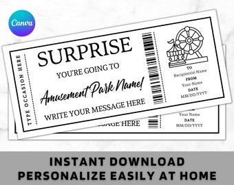 Plantilla de tarjeta de cupón con certificado de entrada para parque temático de atracciones sorpresa: idea de regalo imprimible para cualquier ocasión: cupón editable para parque de atracciones