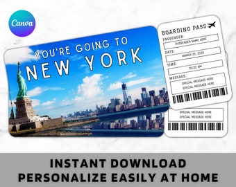 May include: A digital download featuring a New York City postcard design with the Statue of Liberty and skyline, plus a boarding pass template. Text includes "You're Going to New York" and "Instant Download, Personalize Easily at Home."