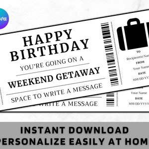 Anniversaire Week-end Escapade Cadeau Ticket - Anniversaire Week-end Escapade Carte-cadeau Certificat - Modèle de cadeau d'anniversaire imprimable - Téléchargement immédiat