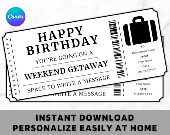 Boleto de regalo de escapada de fin de semana de cumpleaños - Certificado de tarjeta de regalo de escapada de fin de semana de cumpleaños - Plantilla de regalo de cumpleaños imprimible - Descarga instantánea