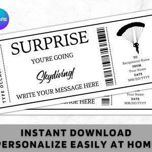 Surprise skydiving-ticket certificaat voucher kaartsjabloon - afdrukbaar cadeau-idee voor elke gelegenheid - bewerkbare Sky Dive-coupon