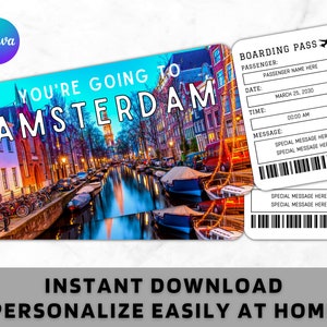 Amsterdam Boarding Pass Ticket Template - Printable Gift Airplane Airline Flight Ticket - Surprise Amsterdam Trip Vacation Holiday Ticket