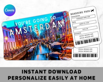 Amsterdam Boarding Pass Ticket Template - Printable Gift Airplane Airline Flight Ticket - Surprise Amsterdam Trip Vacation Holiday Ticket