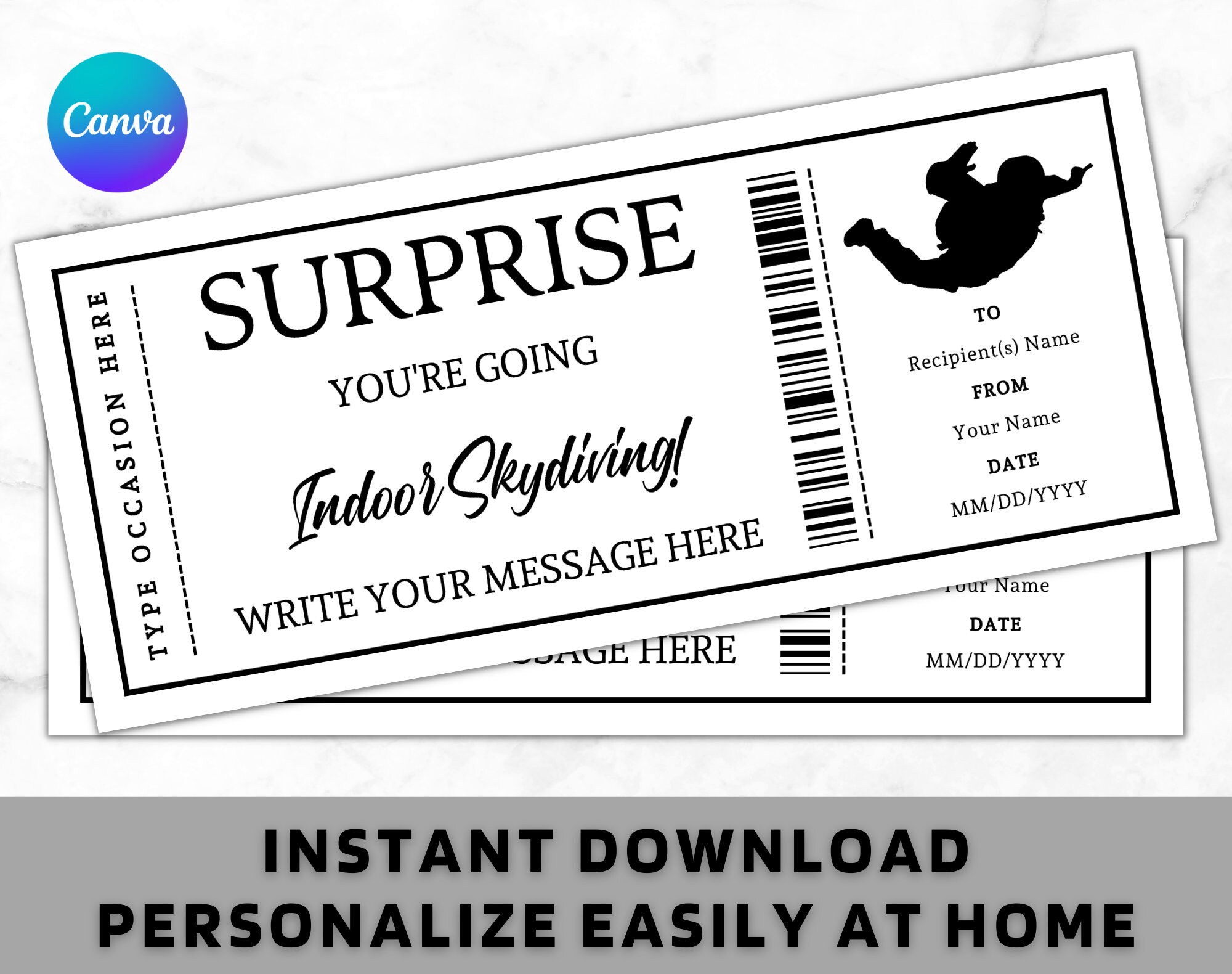 Surprise Indoor Skydiving Ticket Certificate Voucher Card Template Printable Any Occasion Gift