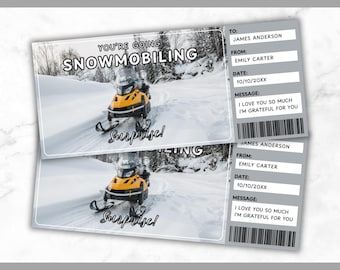Plantilla de boleto para motonieve - Vale de regalo para viaje en motonieve - Tarjeta de certificado con cupón para pase de motonieve - Experiencia en motonieve - Editable