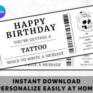 誕生日タトゥーギフトチケット - 誕生日タトゥーギフトバウチャーカード証明書 - 印刷可能な誕生日ギフトテンプレート - 即時ダウンロード