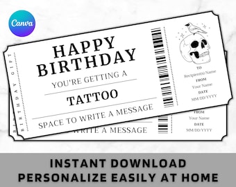 Boleto de regalo de tatuaje de cumpleaños - Certificado de tarjeta de cupón de regalo de tatuaje de cumpleaños - Plantilla de regalo de cumpleaños imprimible - Descarga instantánea