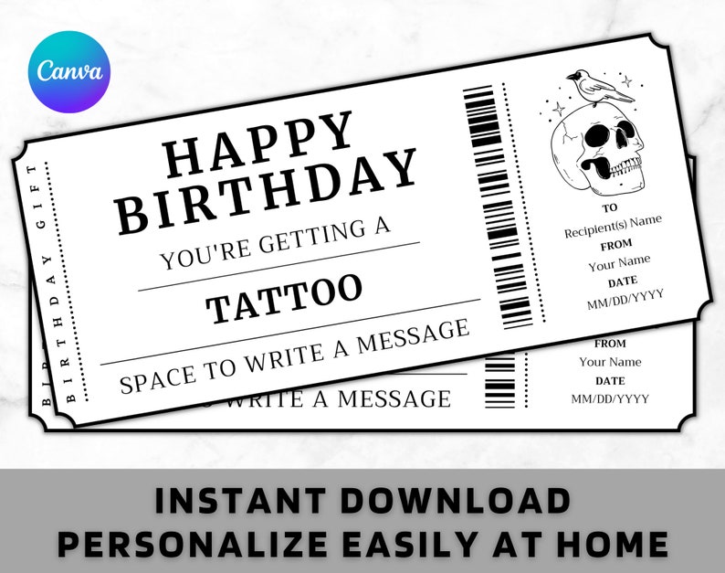 Birthday Tattoo Gift Ticket Birthday Tattoo Gift Voucher Card Certificate Printable Birthday Gift Template Instant Download image 1