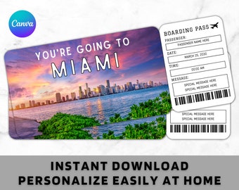 Plantilla de boleto de embarque de Miami - Boleto de avión de regalo imprimible - Boleto de vacaciones sorpresa para viaje a Miami
