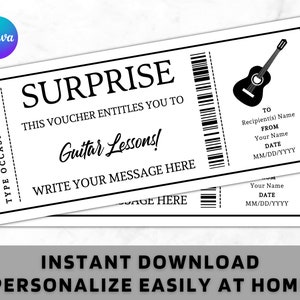 Überraschungs-Gitarrenunterricht Ticket Zertifikat Gutschein Kartenvorlage - Druckbar Geschenkidee für jede Gelegenheit - Bearbeitbar Lernen Sie, Gitarre zu spielen Coupon