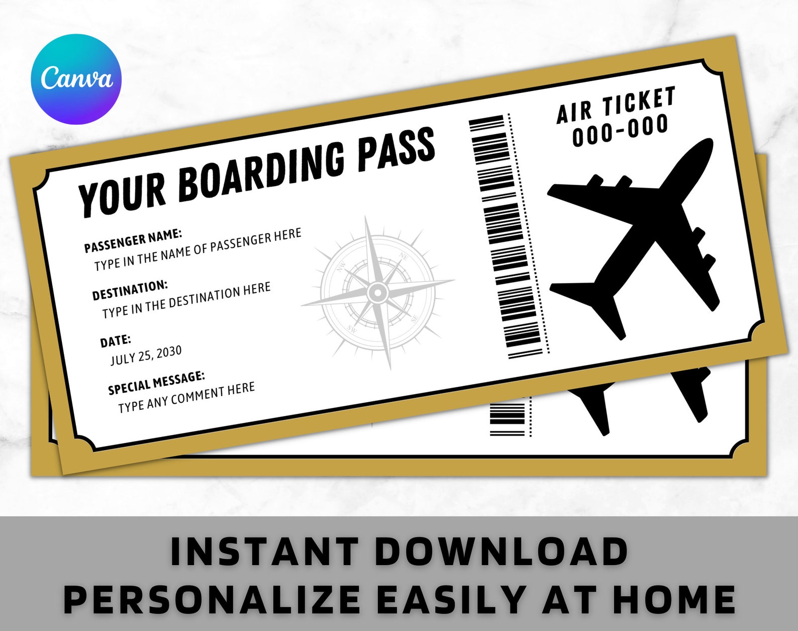 Fake Airplane Ticket Trip - Printable Boarding Ticket - Editable ...