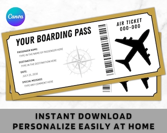 Fake Airplane Ticket Trip - Printable Boarding Ticket - Editable Boarding Pass Template - Gift Ticket Template - Digital Download PDF PNG