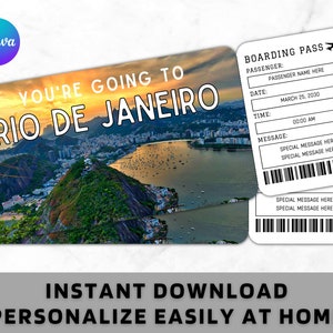 Rio De Janeiro Boarding Pass Ticket - Printable Gift Airplane Airline Flight Ticket - Surprise Rio De Janeiro Trip Vacation Holiday Ticket