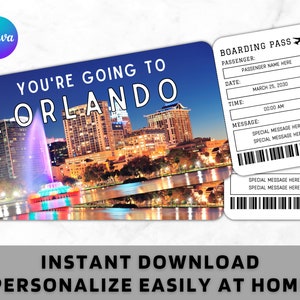 Orlando Boarding Pass Ticket Template - Printable Gift Airplane Airline Flight Ticket - Surprise Orlando Trip Reveal Vacation Holiday Ticket