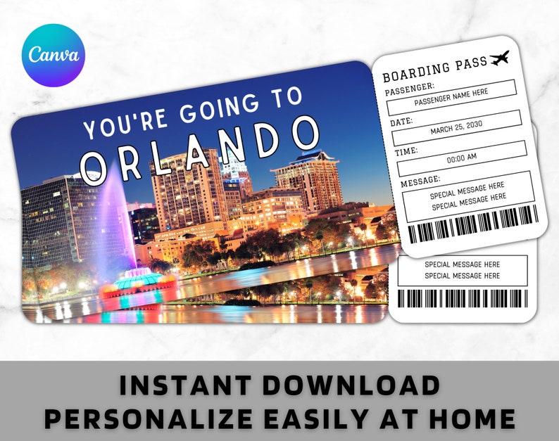 Orlando Boarding Pass Ticket Template Printable Gift Airplane Airline